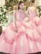 High Class Baby Pink Ball Gowns Bateau Sleeveless Tulle Floor Length Zipper Beading and Appliques Ball Gown Prom Dress