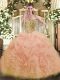 Deluxe Sleeveless Floor Length Beading and Ruffles Lace Up 15th Birthday Dress with Peach