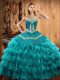 Suitable Teal Ball Gowns Embroidery and Ruffled Layers Quinceanera Dresses Lace Up Satin and Organza Sleeveless Floor Length