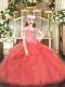Coral Red Tulle Lace Up Off The Shoulder Sleeveless Floor Length Pageant Gowns For Girls Beading and Ruffles