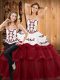 Delicate With Train Lace Up Quinceanera Gown Burgundy for Military Ball and Sweet 16 and Quinceanera with Embroidery and Ruffled Layers Sweep Train