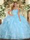 Aqua Blue Ball Gown Prom Dress Military Ball and Sweet 16 and Quinceanera with Ruffles Sweetheart Sleeveless Lace Up