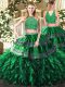 Hot Selling Tulle High-neck Sleeveless Zipper Beading and Ruffles Sweet 16 Dresses in Dark Green