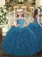Teal Sleeveless Floor Length Beading and Ruffles Lace Up Kids Formal Wear