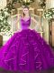 Sleeveless Floor Length Beading and Ruffles Side Zipper 15 Quinceanera Dress with Fuchsia