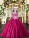 Perfect Fuchsia Tulle Lace Up Little Girl Pageant Gowns Sleeveless Floor Length Beading