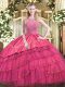 Halter Top Sleeveless Satin and Tulle Quinceanera Gown Beading and Embroidery and Ruffled Layers Zipper