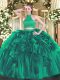 Fashion Turquoise Backless Halter Top Beading and Ruffles 15 Quinceanera Dress Organza Sleeveless