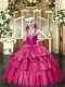 Hot Pink Ball Gowns Beading and Ruffled Layers Kids Pageant Dress Lace Up Organza Sleeveless Floor Length
