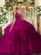 Sweet Sleeveless Floor Length Ruching Backless Quince Ball Gowns with Fuchsia
