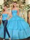 Sweetheart Sleeveless 15 Quinceanera Dress Floor Length Ruffled Layers Aqua Blue Organza
