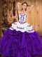 Admirable Purple Ball Gowns Embroidery and Ruffles Quinceanera Gown Lace Up Satin and Organza Sleeveless Floor Length