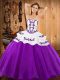 Floor Length Lace Up Quinceanera Dress Eggplant Purple for Military Ball and Sweet 16 and Quinceanera with Embroidery