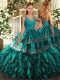 Hot Selling Teal Zipper Quinceanera Gown Beading and Ruffles Sleeveless Floor Length