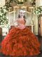 Nice Rust Red Lace Up Kids Pageant Dress Appliques and Ruffles Sleeveless Floor Length