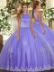 Dramatic Lavender Tulle Backless Halter Top Sleeveless Floor Length Ball Gown Prom Dress Beading and Appliques