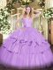 Suitable Lavender Sleeveless Floor Length Beading and Ruffled Layers Lace Up Sweet 16 Quinceanera Dress