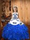 Custom Designed Embroidery and Ruffles Little Girl Pageant Dress Blue Lace Up Sleeveless Floor Length