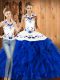 Fashionable Blue And White Three Pieces Satin and Organza Halter Top Sleeveless Embroidery and Ruffles Floor Length Lace Up Sweet 16 Dresses