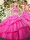 Hot Pink Two Pieces Beading and Ruffles and Pick Ups Quinceanera Dresses Backless Tulle Sleeveless Floor Length