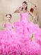 Glittering Sweetheart Sleeveless Quinceanera Dresses Floor Length Beading and Ruffles Rose Pink Organza