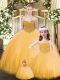 Fantastic Sleeveless Tulle Floor Length Lace Up Ball Gown Prom Dress in Gold with Beading