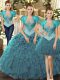 Pretty Beading and Ruffles Quinceanera Gown Teal Lace Up Sleeveless Floor Length