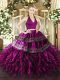 Fuchsia Zipper Halter Top Appliques and Ruffles Quinceanera Dresses Organza Sleeveless