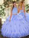 Floor Length Backless Vestidos de Quinceanera Light Blue for Military Ball and Sweet 16 with Beading and Appliques and Ruffles