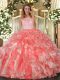 Glittering Floor Length Ball Gowns Sleeveless Coral Red Quince Ball Gowns Clasp Handle