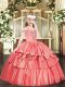Floor Length Coral Red Pageant Dress Toddler Organza Sleeveless Beading and Ruffled Layers