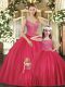 Hot Pink Ball Gowns Straps Sleeveless Tulle Floor Length Lace Up Beading Quinceanera Gowns