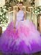 Sleeveless Tulle Floor Length Backless Vestidos de Quinceanera in Multi-color with Ruffles