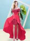 Coral Red Elastic Woven Satin and Sequined Lace Up Off The Shoulder Long Sleeves High Low Prom Party Dress Beading