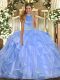 Suitable Blue Ball Gowns Beading and Ruffles Vestidos de Quinceanera Backless Organza Sleeveless Floor Length