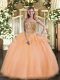 Peach Tulle Lace Up Ball Gown Prom Dress Sleeveless Floor Length Beading and Ruffles