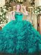 Teal Ball Gowns Beading and Ruffles Quinceanera Dress Zipper Fabric With Rolling Flowers Sleeveless Floor Length