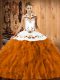 Orange Red Satin and Organza Lace Up Halter Top Sleeveless Floor Length Quinceanera Dresses Embroidery and Ruffles