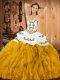 Stylish Satin and Organza Strapless Sleeveless Lace Up Embroidery and Ruffles Sweet 16 Quinceanera Dress in Gold