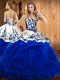 Satin and Organza Sleeveless Floor Length Quince Ball Gowns and Embroidery and Ruffles