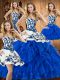 Floor Length Blue Vestidos de Quinceanera Satin and Organza Sleeveless Embroidery and Ruffles