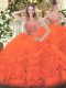 Custom Design Floor Length Zipper 15 Quinceanera Dress Orange Red for Military Ball and Sweet 16 and Quinceanera with Beading and Ruffles