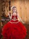 Amazing Red Organza Lace Up Straps Sleeveless Floor Length Little Girl Pageant Gowns Embroidery and Ruffles
