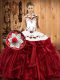 Chic Wine Red Ball Gowns Organza Halter Top Sleeveless Embroidery and Ruffles Floor Length Lace Up 15th Birthday Dress