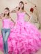 Cute Sleeveless Floor Length Beading and Ruffles Lace Up 15 Quinceanera Dress with Rose Pink