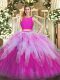 Fancy Floor Length Fuchsia Quinceanera Gowns Organza Sleeveless Lace and Ruffles