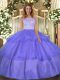 Luxury Lavender Organza Clasp Handle Quinceanera Dresses Sleeveless Floor Length Lace and Ruffled Layers