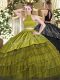 Sleeveless Organza Floor Length Backless 15 Quinceanera Dress in Olive Green with Beading and Embroidery and Ruffled Layers