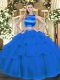 High-neck Sleeveless Tulle 15 Quinceanera Dress Ruffled Layers Criss Cross