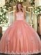 Luxury Watermelon Red Scoop Clasp Handle Lace and Appliques Quinceanera Dress Sleeveless